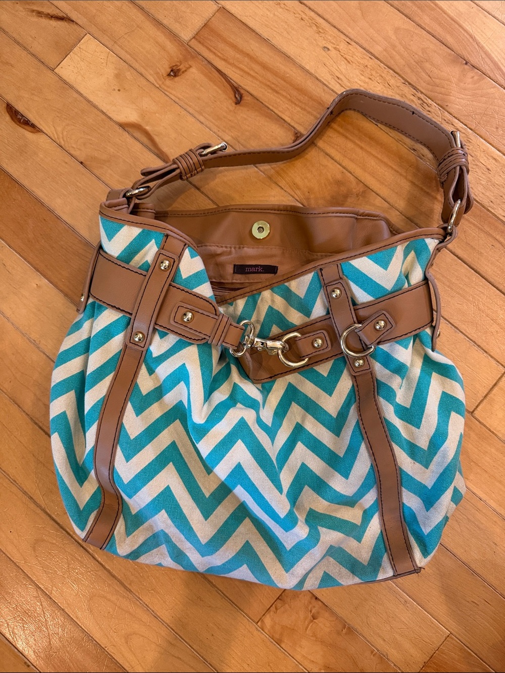Chevron Shoulder Hobo Bag in Teal, Cream and Brown